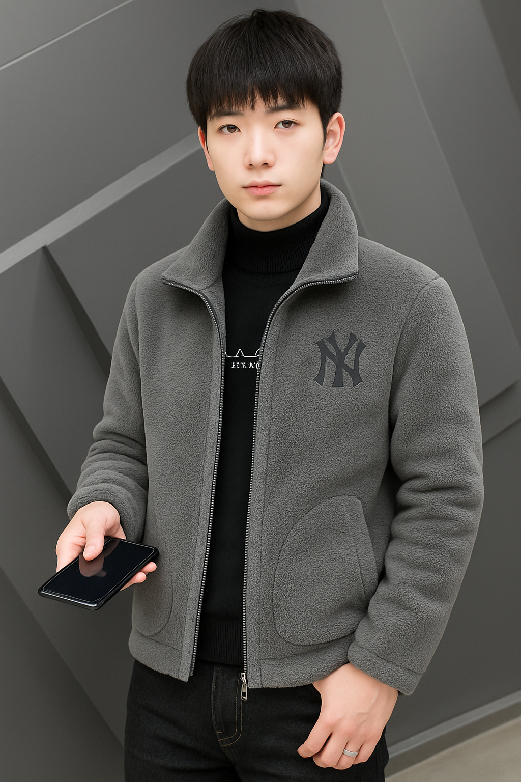 Men's Autumn/Winter Boa Jacket
 Stand-up collar zip-up outerwear
 Fluffy fleece jacket