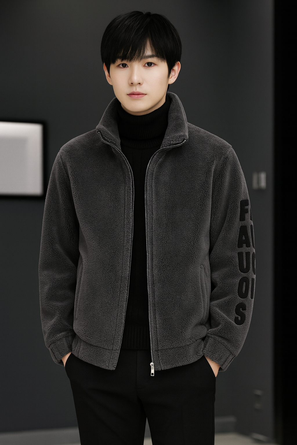 Men's Autumn/Winter Boa Jacket
 Stand-up collar zip-up outerwear
 Fluffy fleece jacket