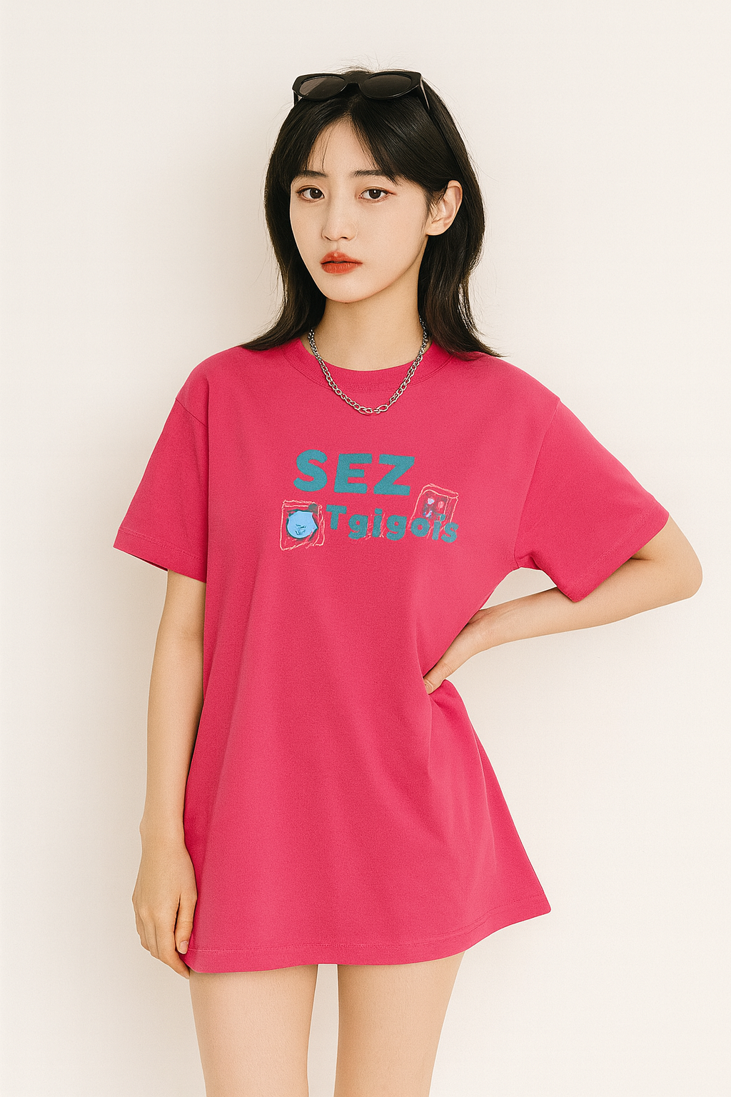 Oversized Women's Short Sleeve SEZ Printed T-Shirt, Popular Korean Style Top