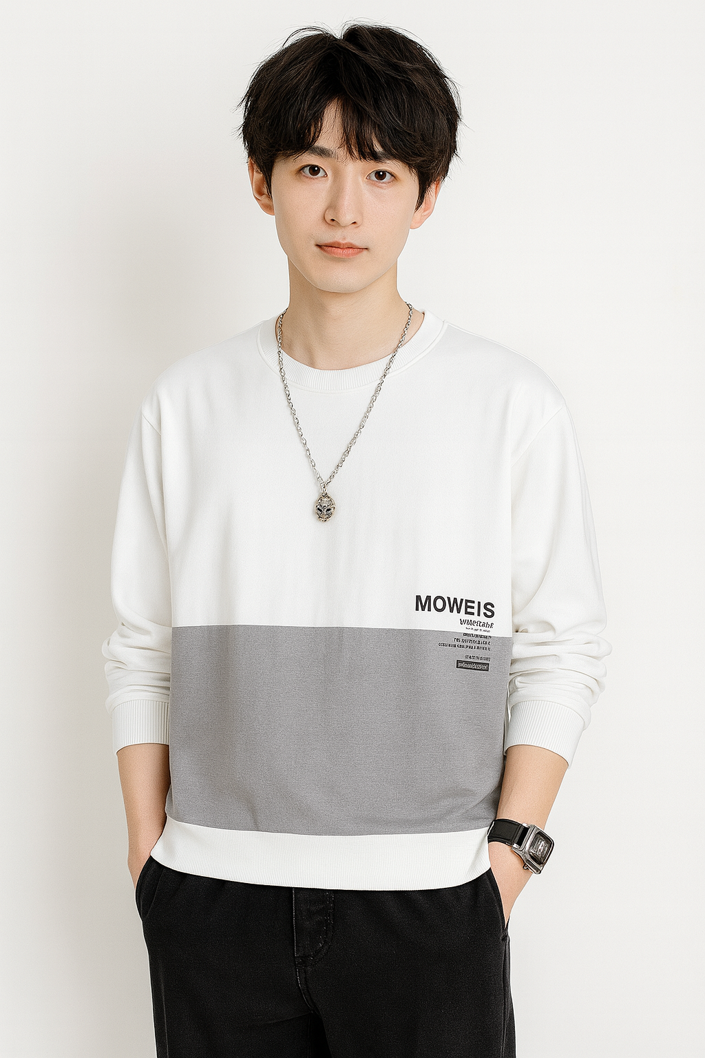 Men's Fall/Winter Color Block Sweatshirt
 Long sleeve, loose fit, Korean style casual T-shirt