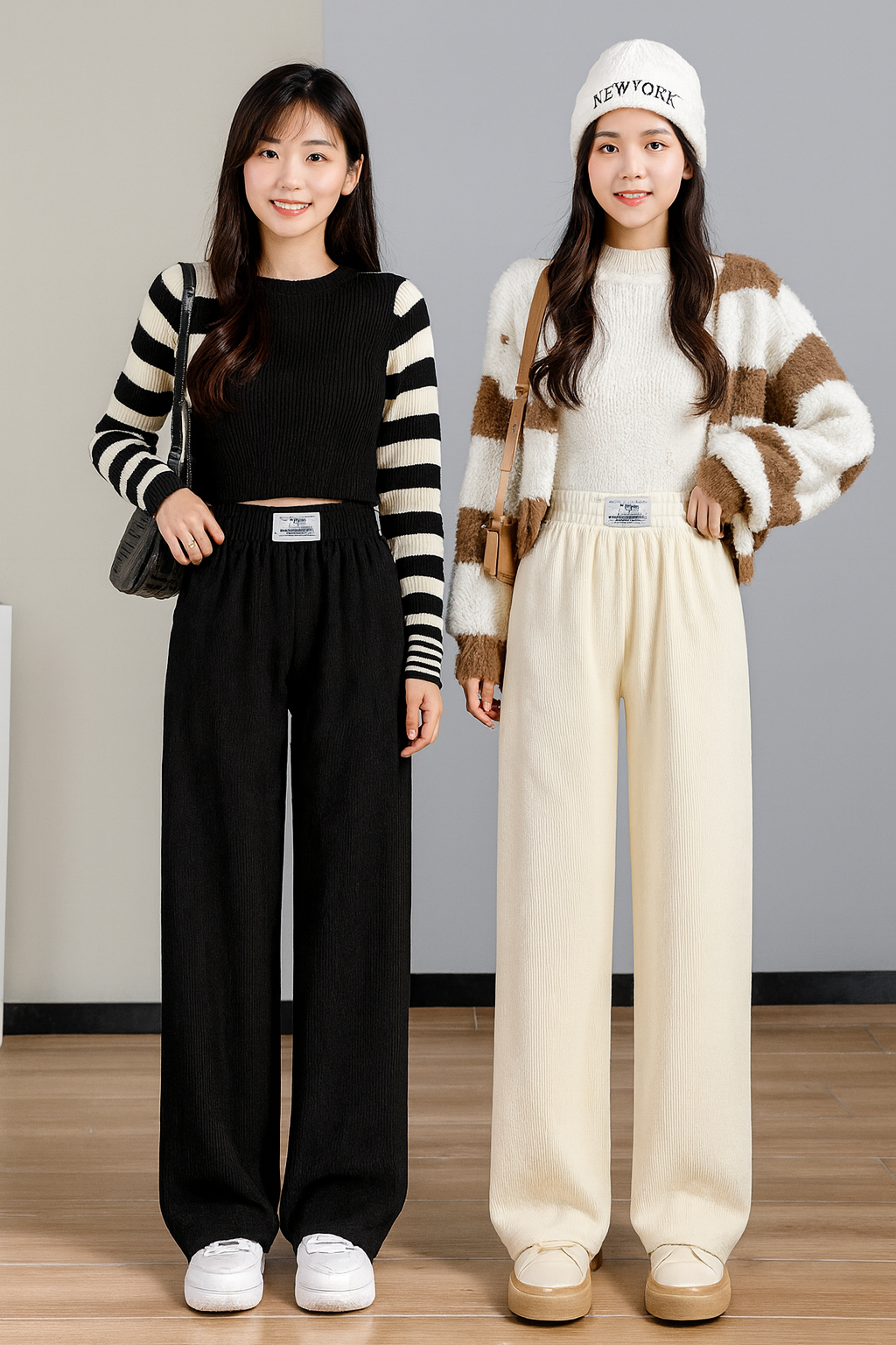 Women's Wide-leg Pants, Spring/Summer/Autumn/Winter, High-Waisted, Straight Fit, Loose Fit Leggings (Thin, Fleece-Lined)