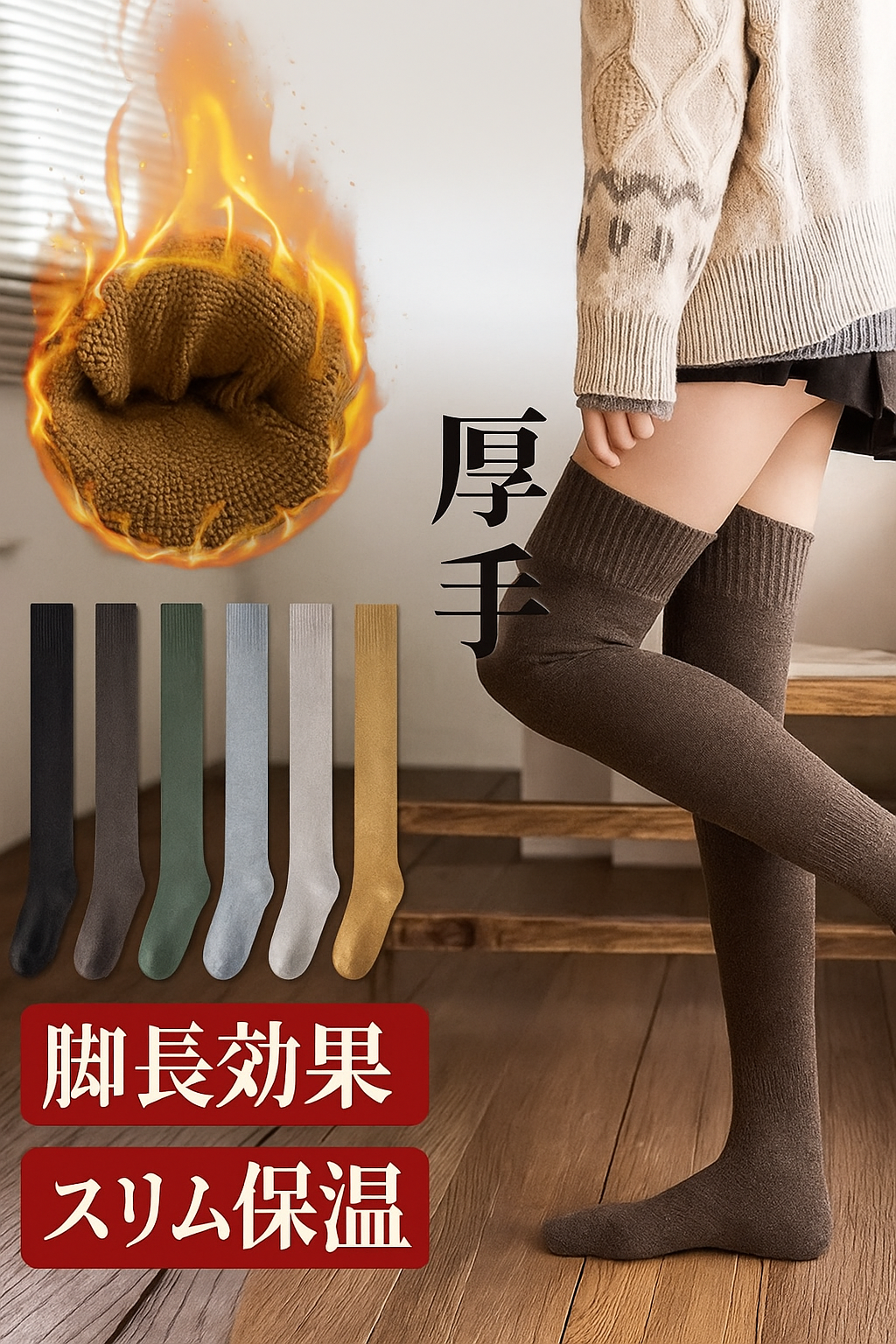 Women's warm, thick, fleece-lined long socks for fall and winter (over-the-knee, non-slip, knee protection)